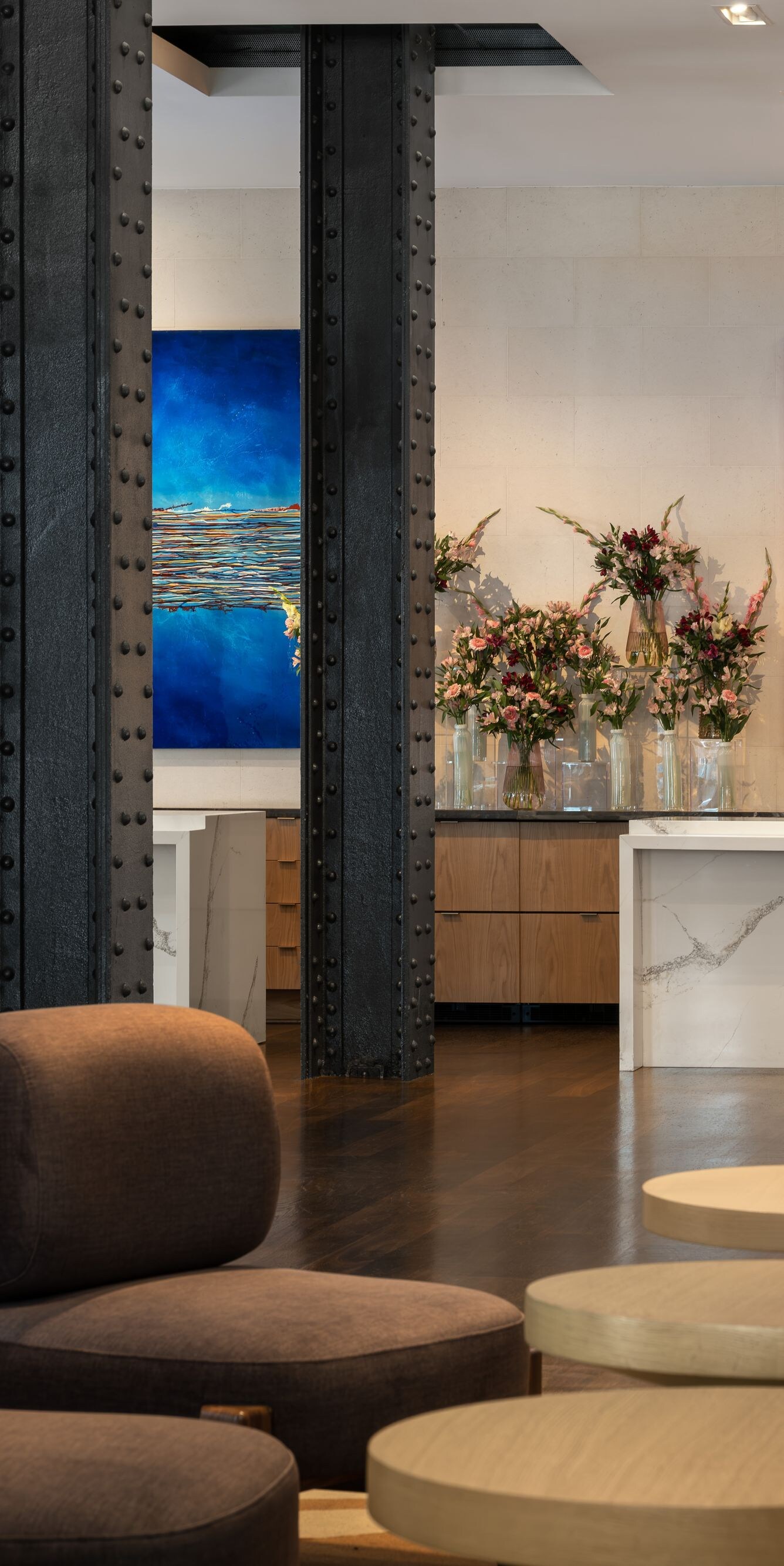 Lobby with marble desks and modern art