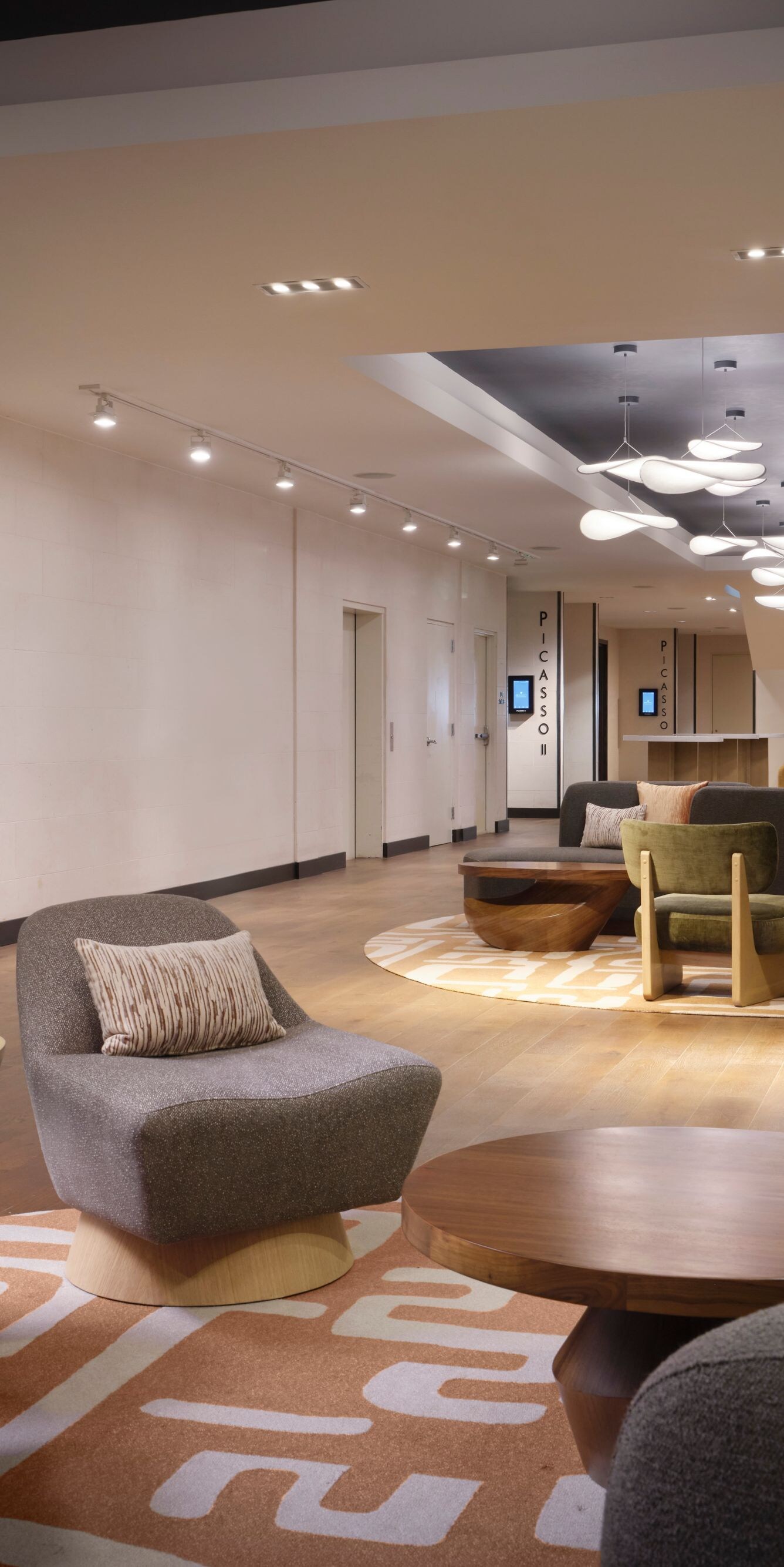 Modern lobby with lounge seating and decor