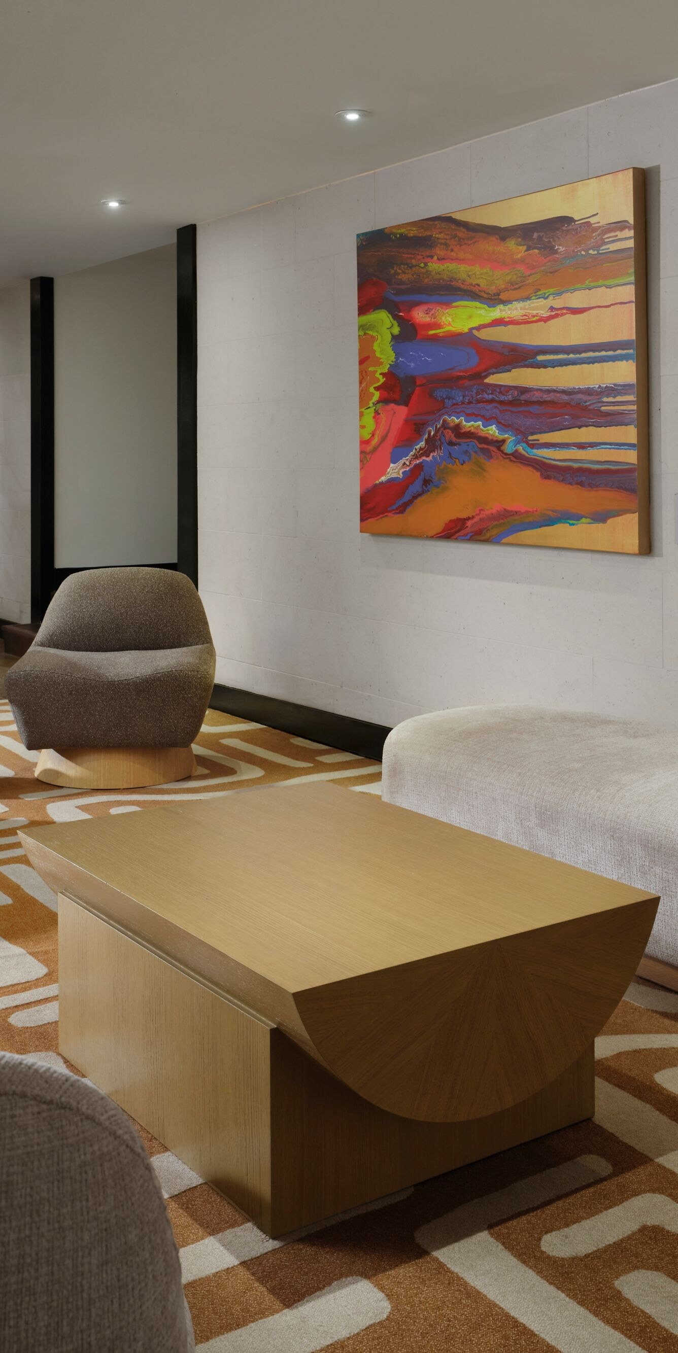 Lobby lounge with sculptural staircase