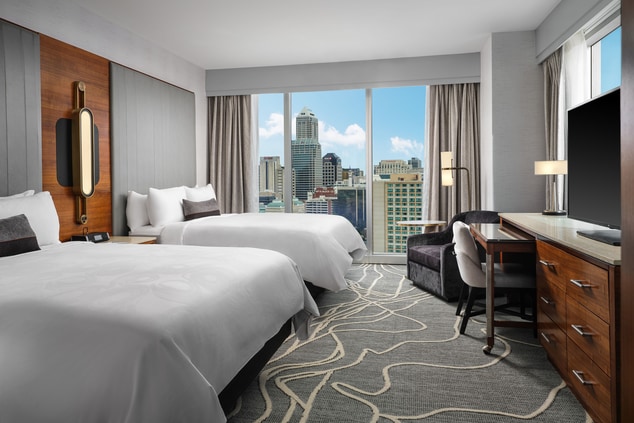 guest room, double beds, city view