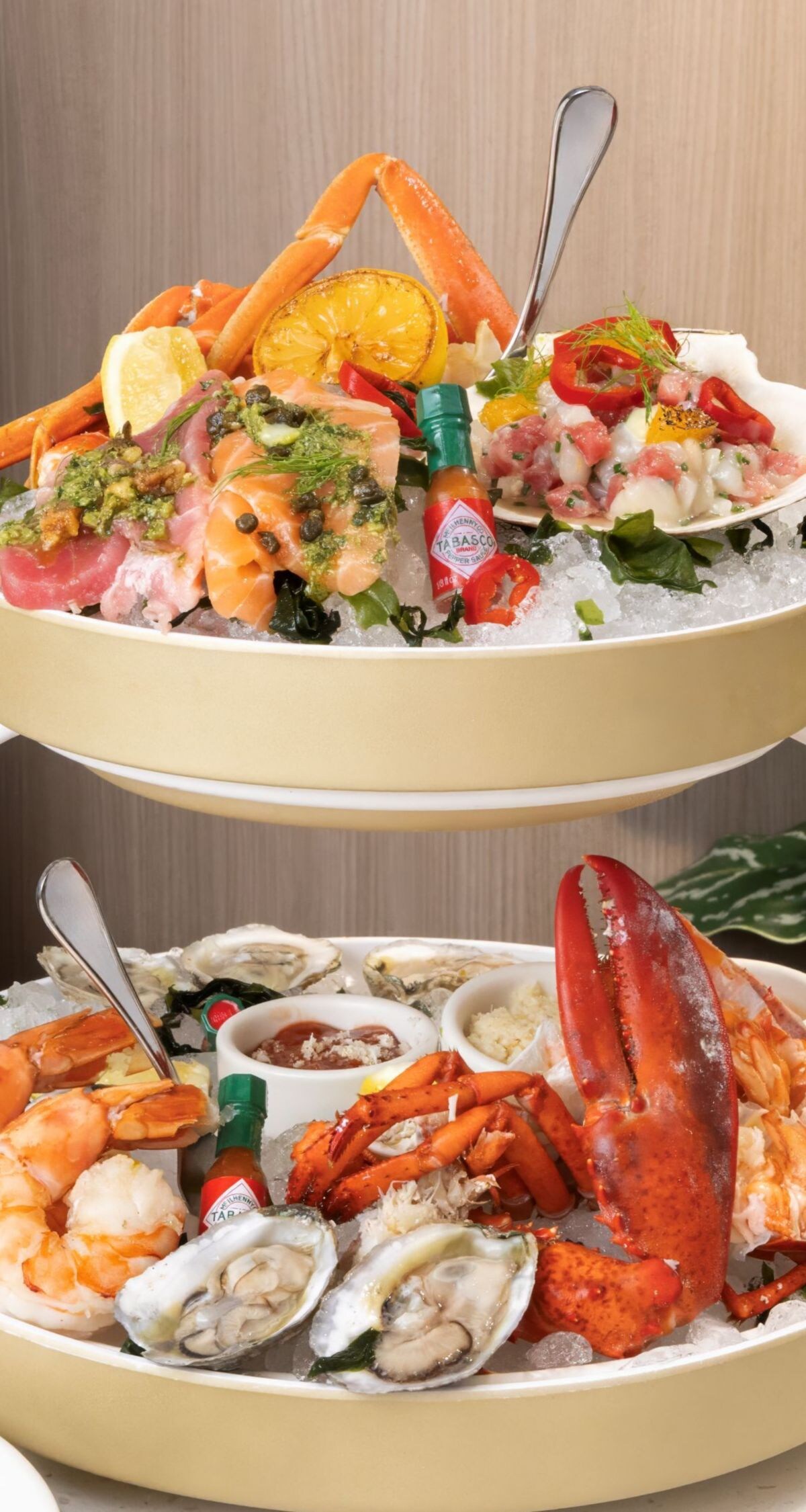 Seafood tower with oysters and champagne at Pearls