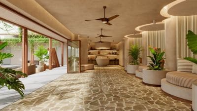 Spa lobby with stone floors and curved seating