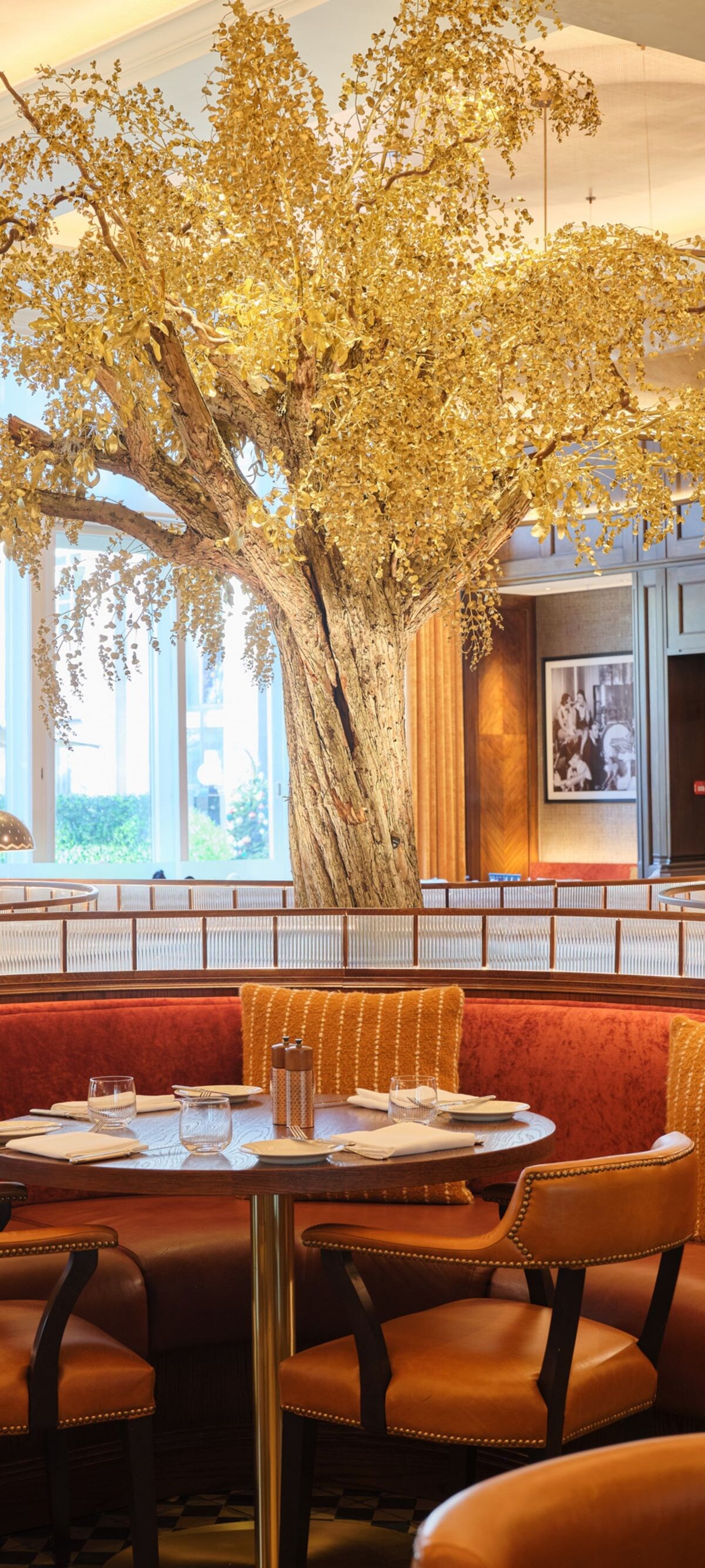 Steakhouse restaurant with festive decorations.