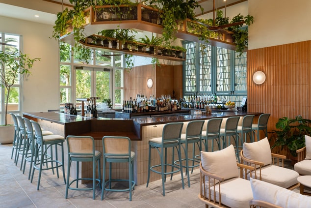 Bar and lounge with hanging plants.