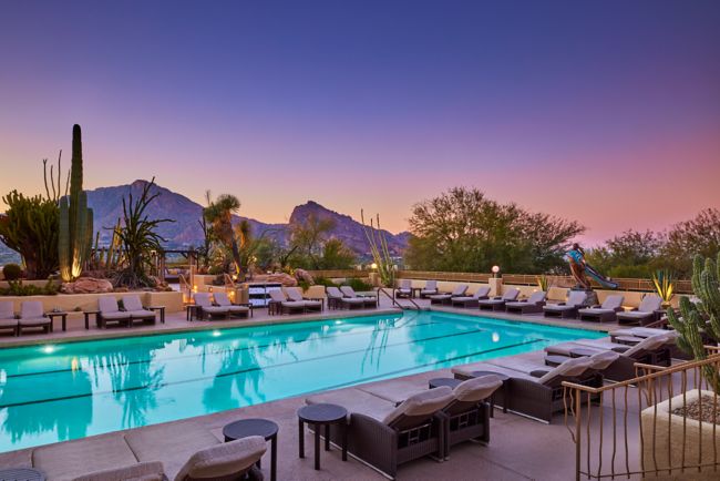 Sunset and mountain view of outdoor spa pool