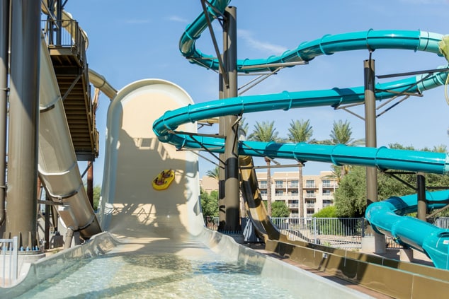 View of waterslides from the ground 