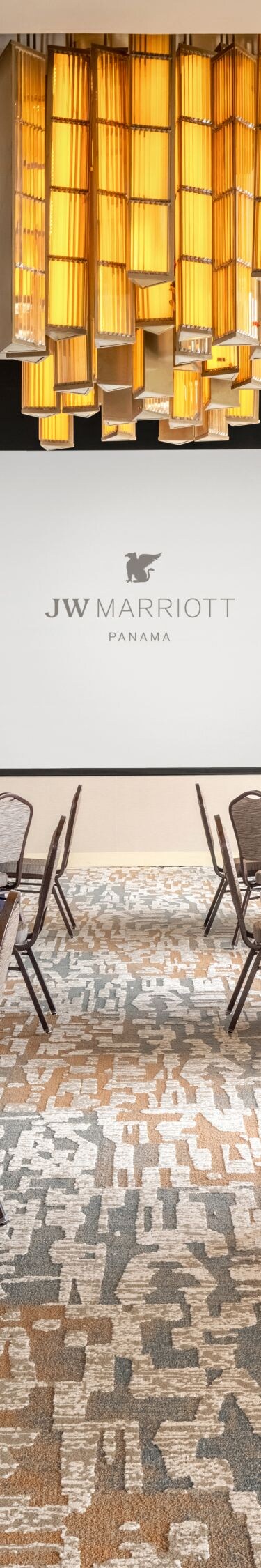 Ballroom set with round tables.