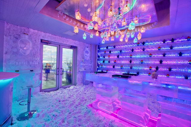 An icebar with a bright chandelier