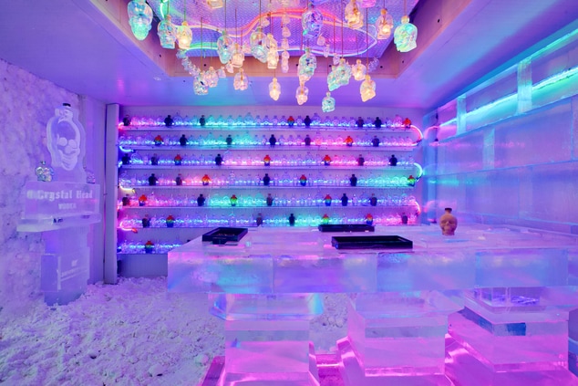 An icebar with alcohol bottles displayed