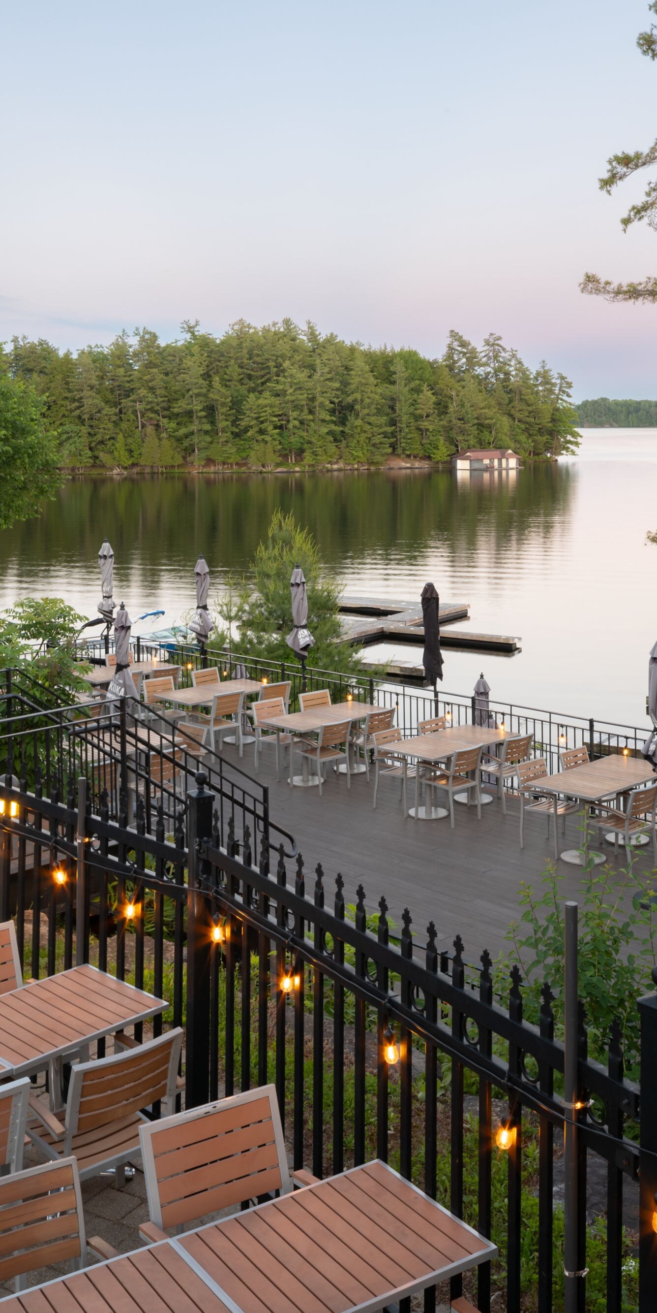 Outdoor terrace with lake and forest views