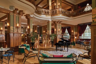 A cafe with luxurious interior and royal piano