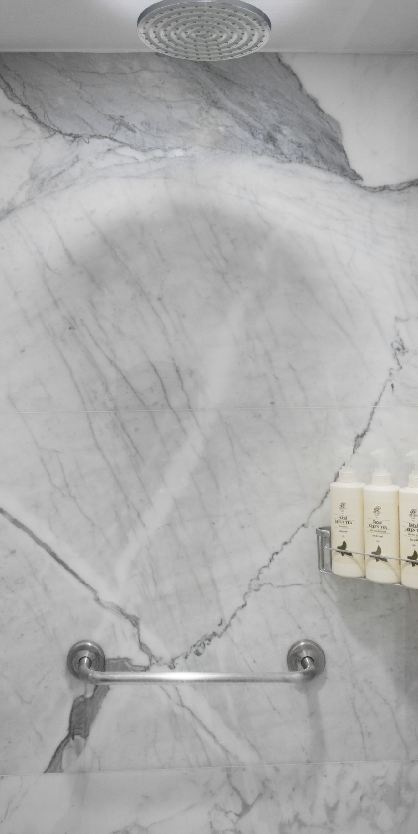 Marble walk-in shower with rainfall showerhead