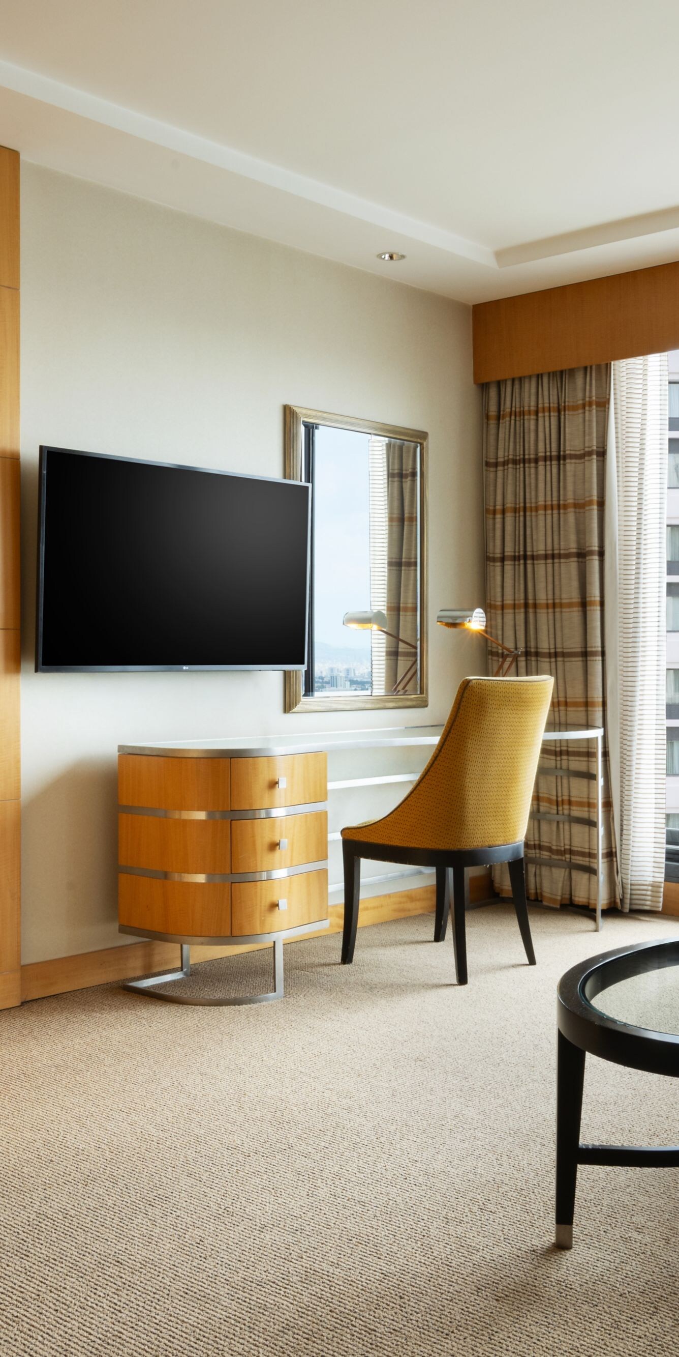 Living area with seating and city view