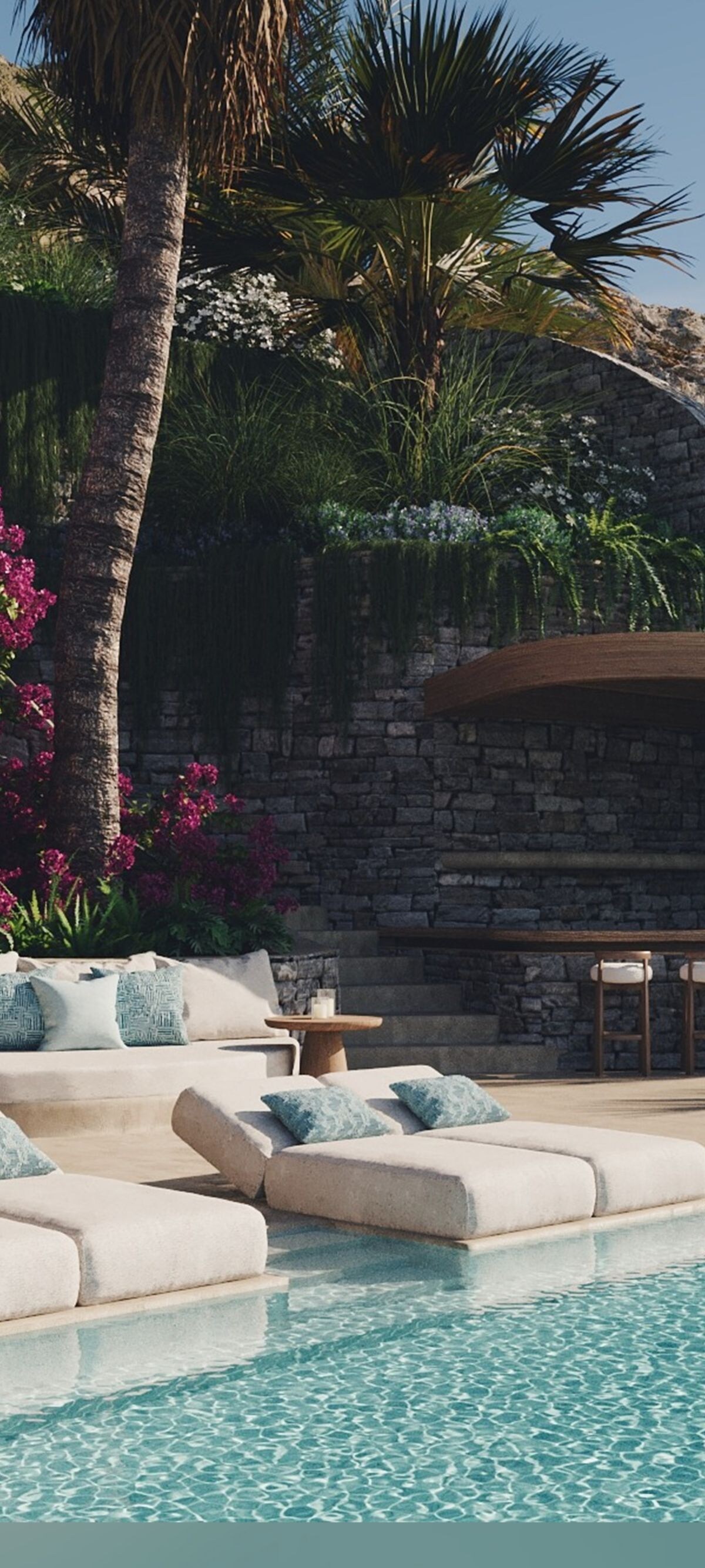 private pool with sun chairs and palm trees