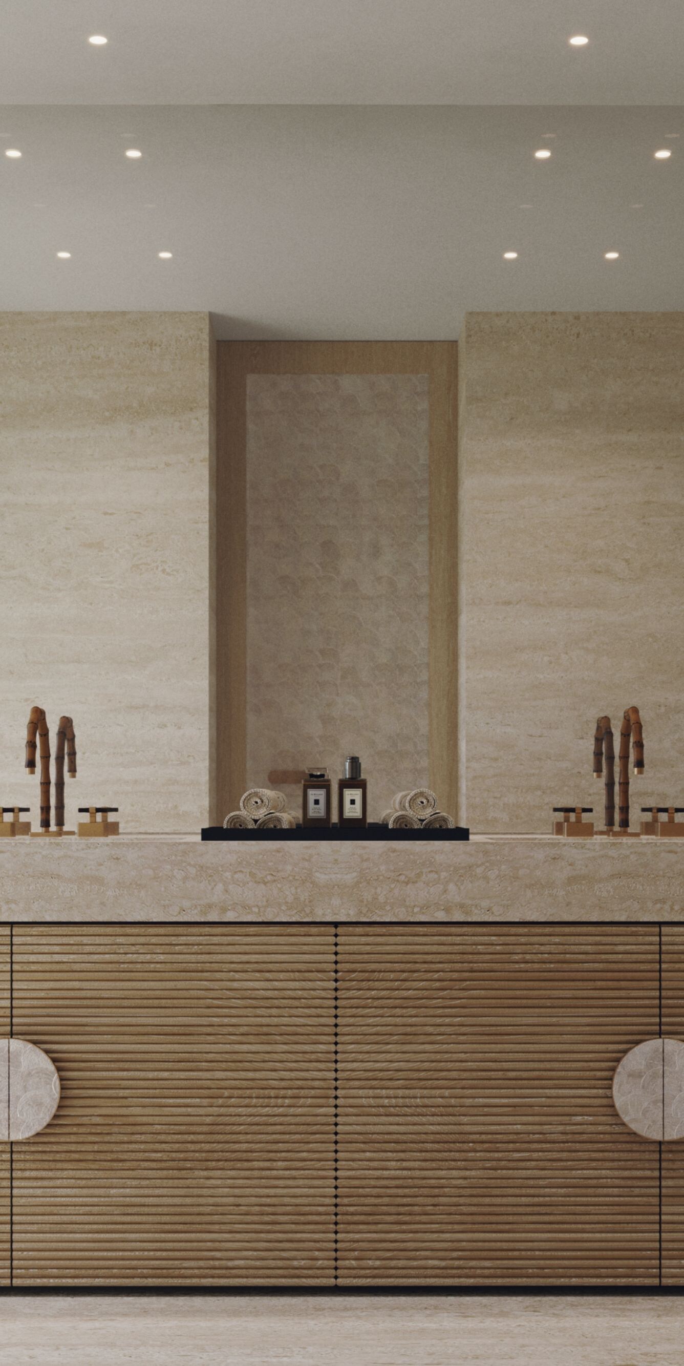 Tocador doble con paneles de pared de mosaico tropical