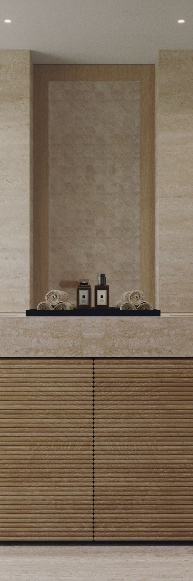 Tocador doble con paneles de pared de mosaico tropical
