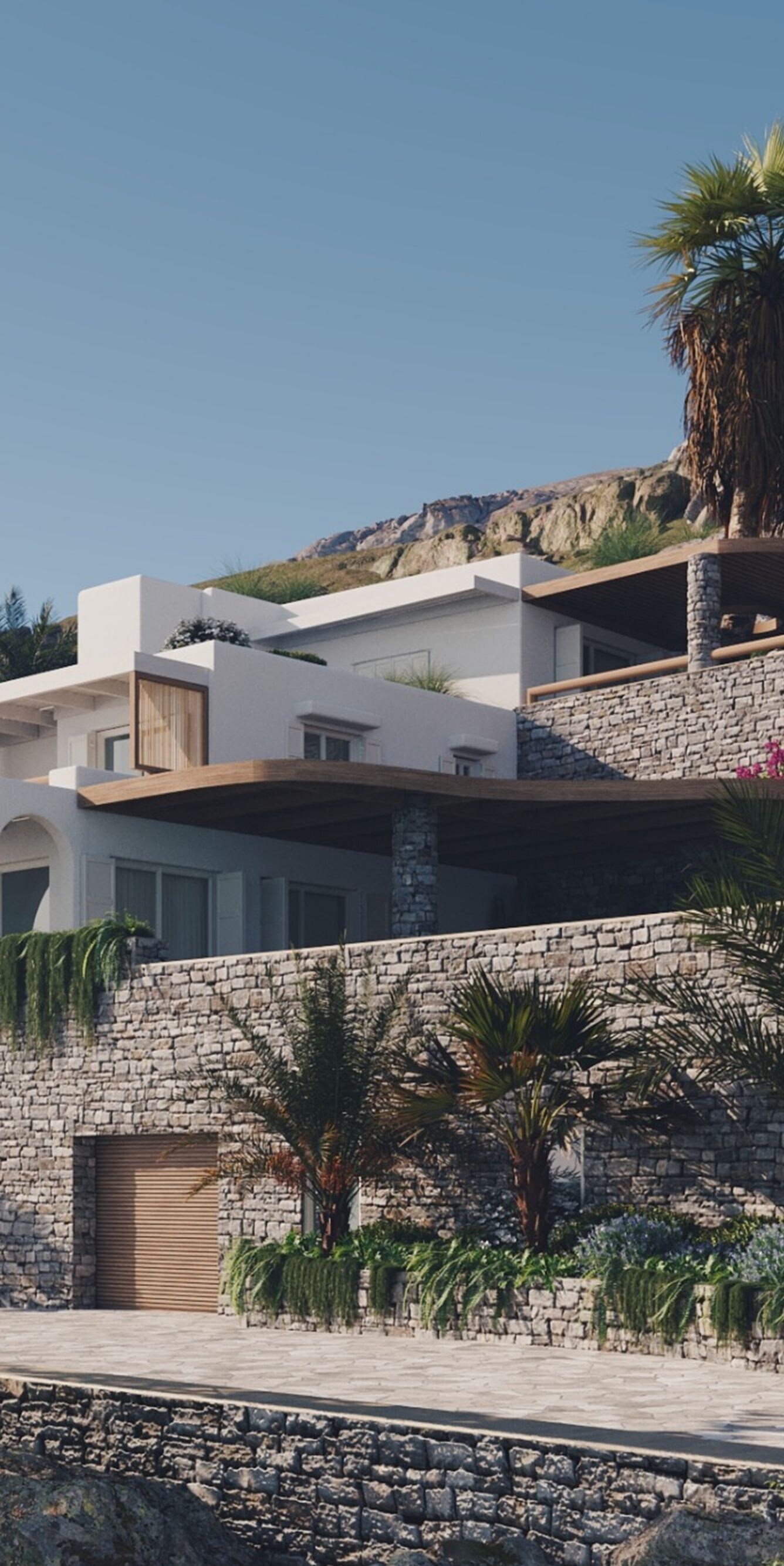 Villa de lujo en una colina con palmeras y terrazas