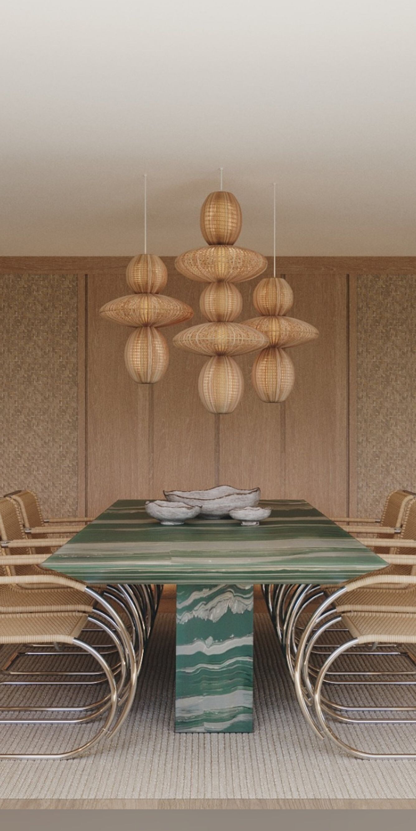Comedor con mesa alargada y sillas de fibras trenzadas