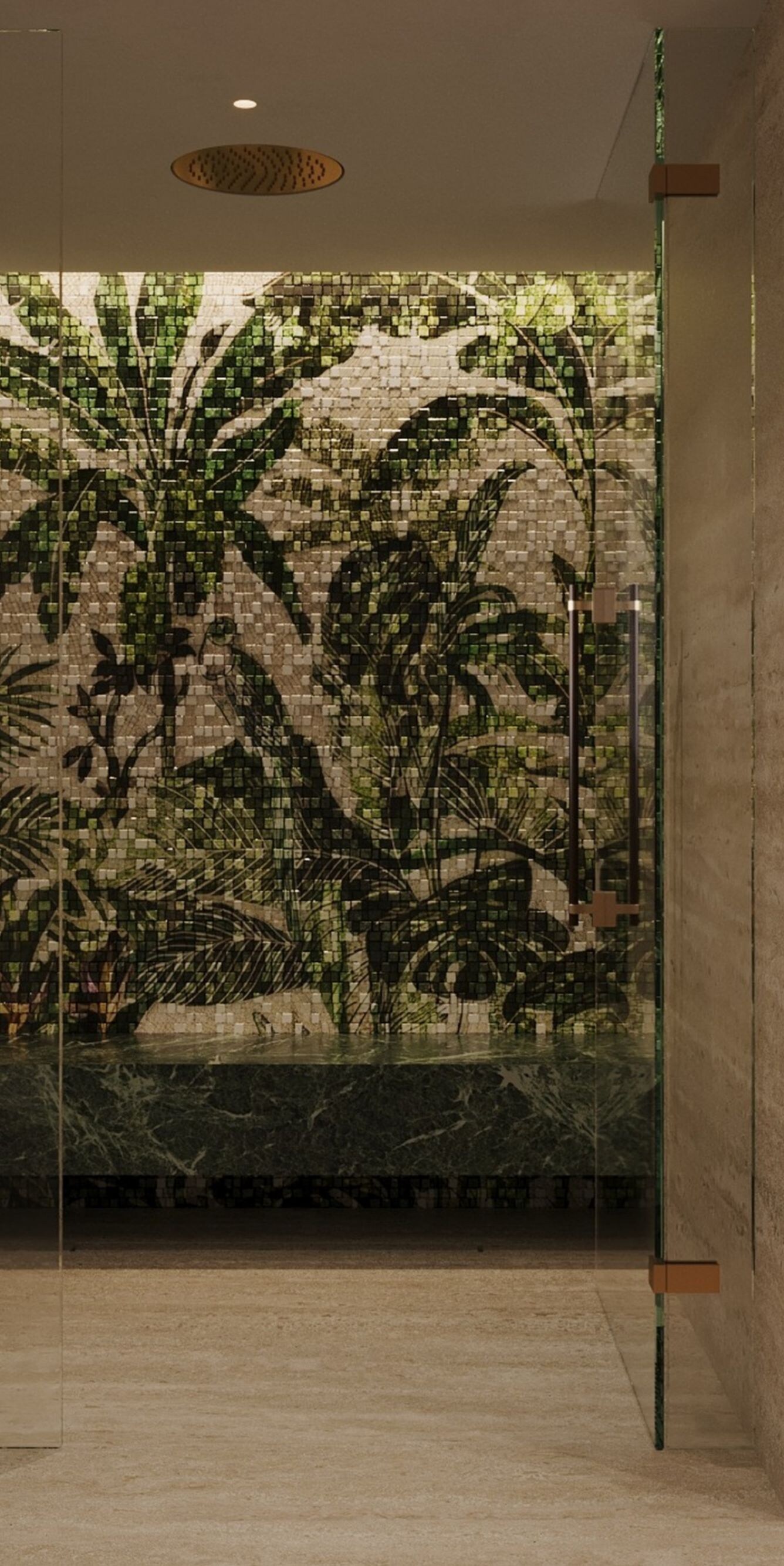 Ducha a nivel del suelo con pared de mosaico tropical