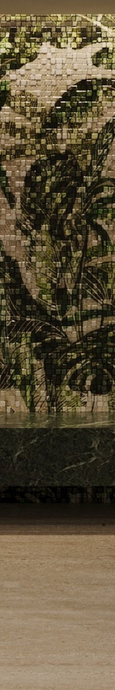 Ducha a nivel del suelo con pared de mosaico tropical