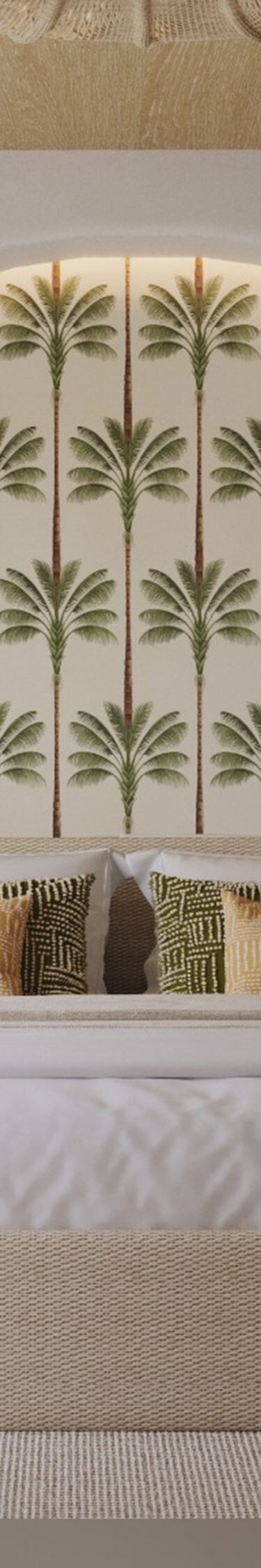 Dormitorio con pared decorativa con patrón de palmeras y cama