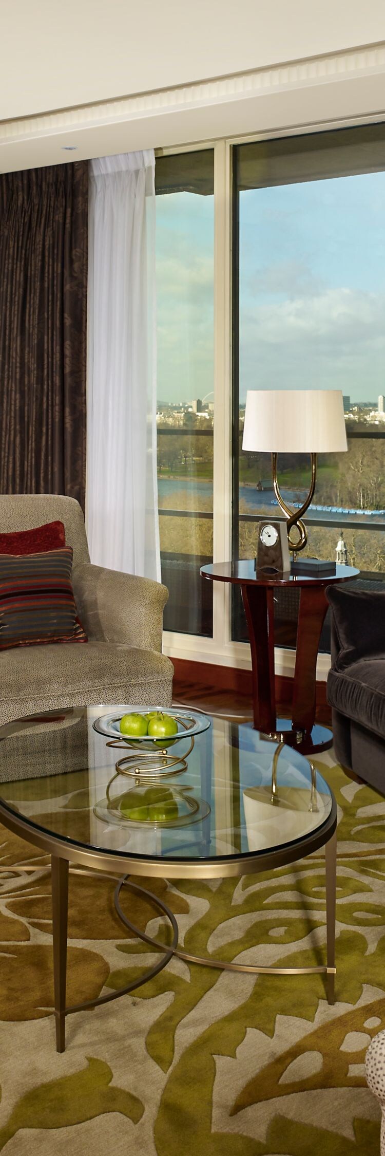 tv, couch, armchairs, panoramic view