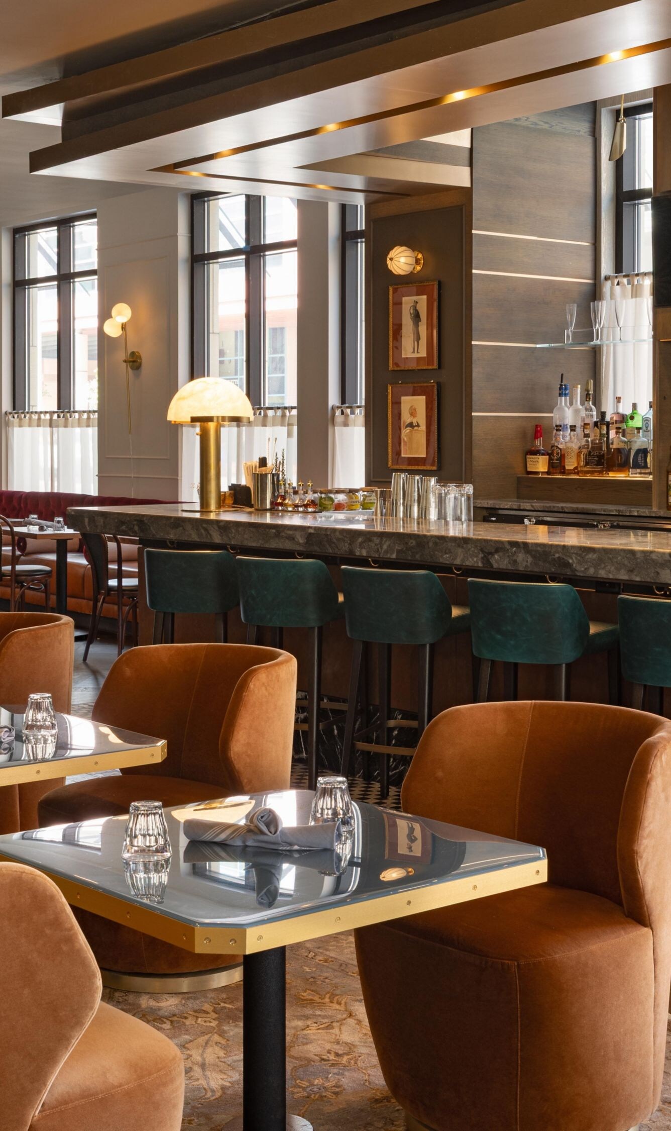 Overview of hotel bar with table and chair
