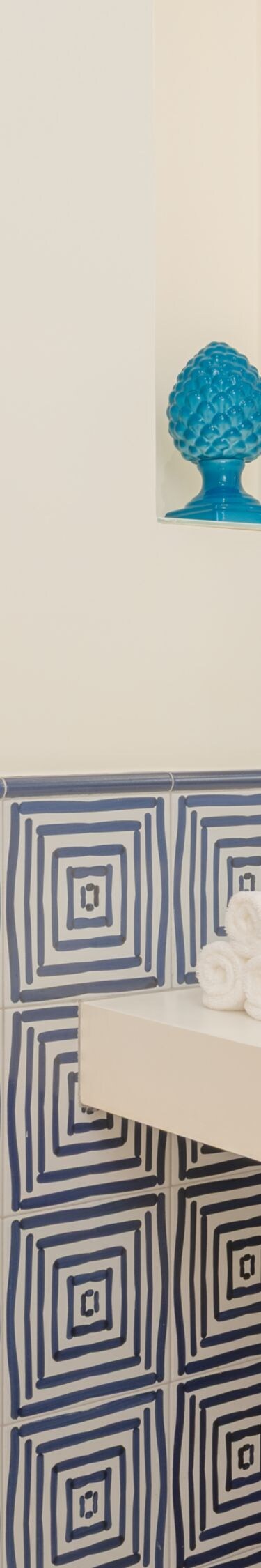 Blue patterned bathroom with walk-in shower