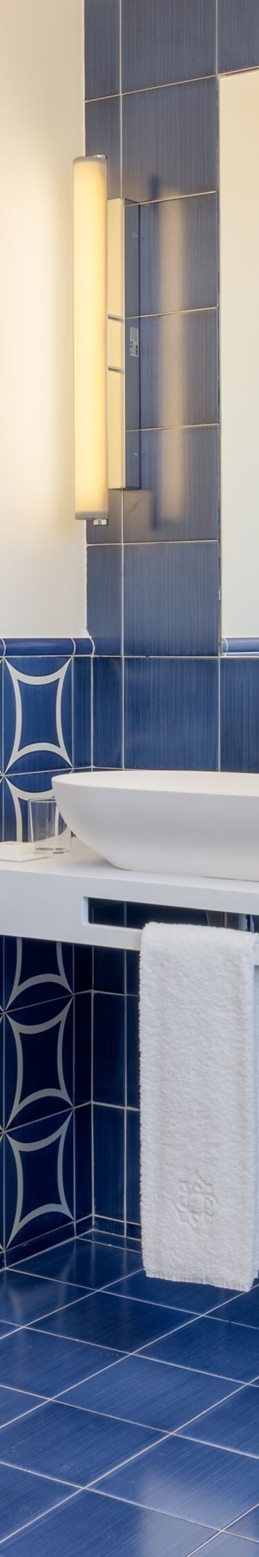 Blue tiled bathroom with double sinks and shower 