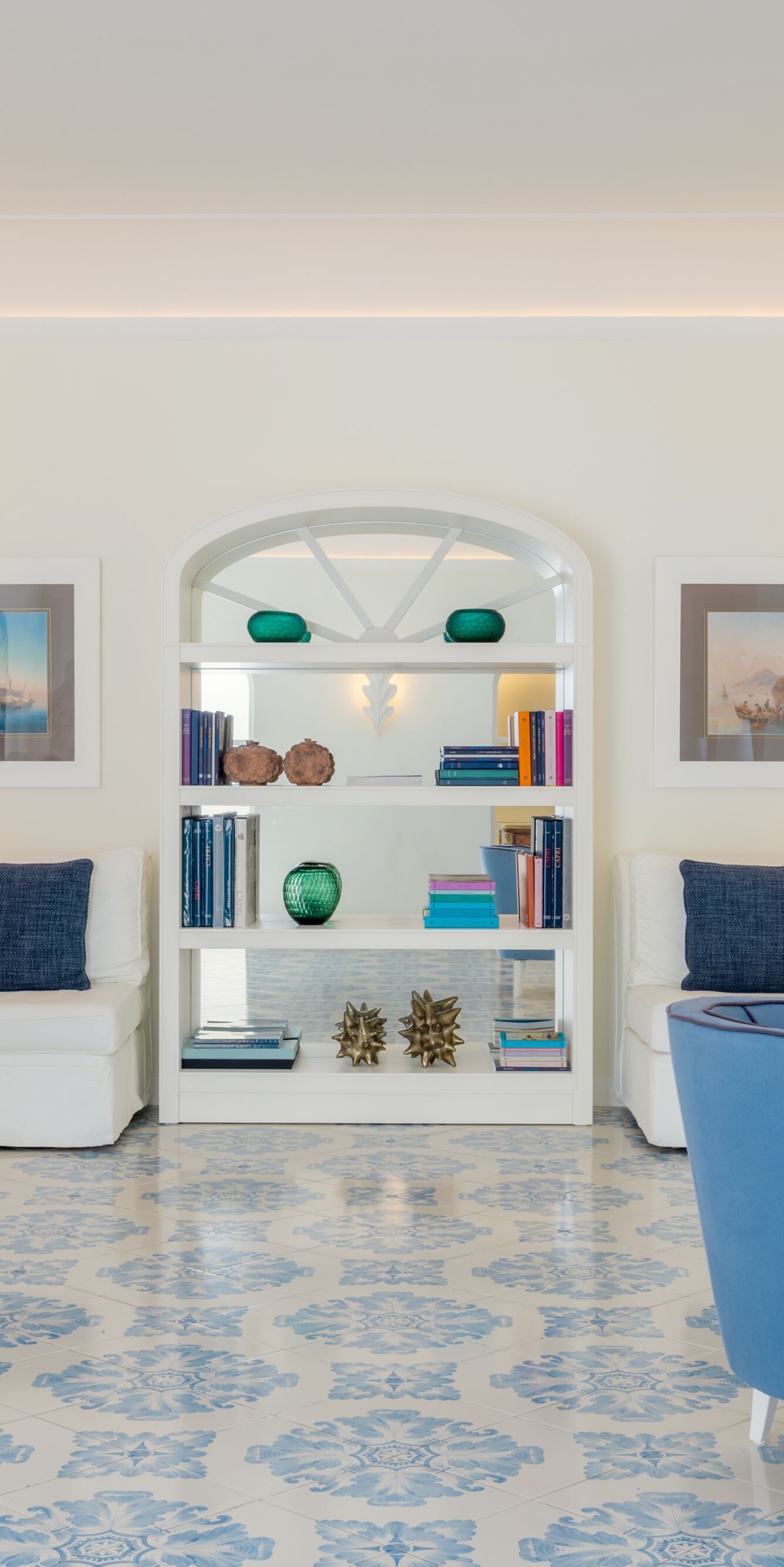 Bright lobby lounge with colorful seating