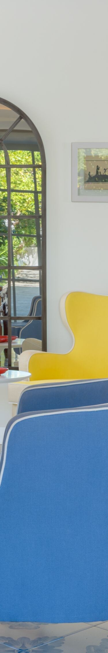 Elegant lobby seating area with colorful chairs