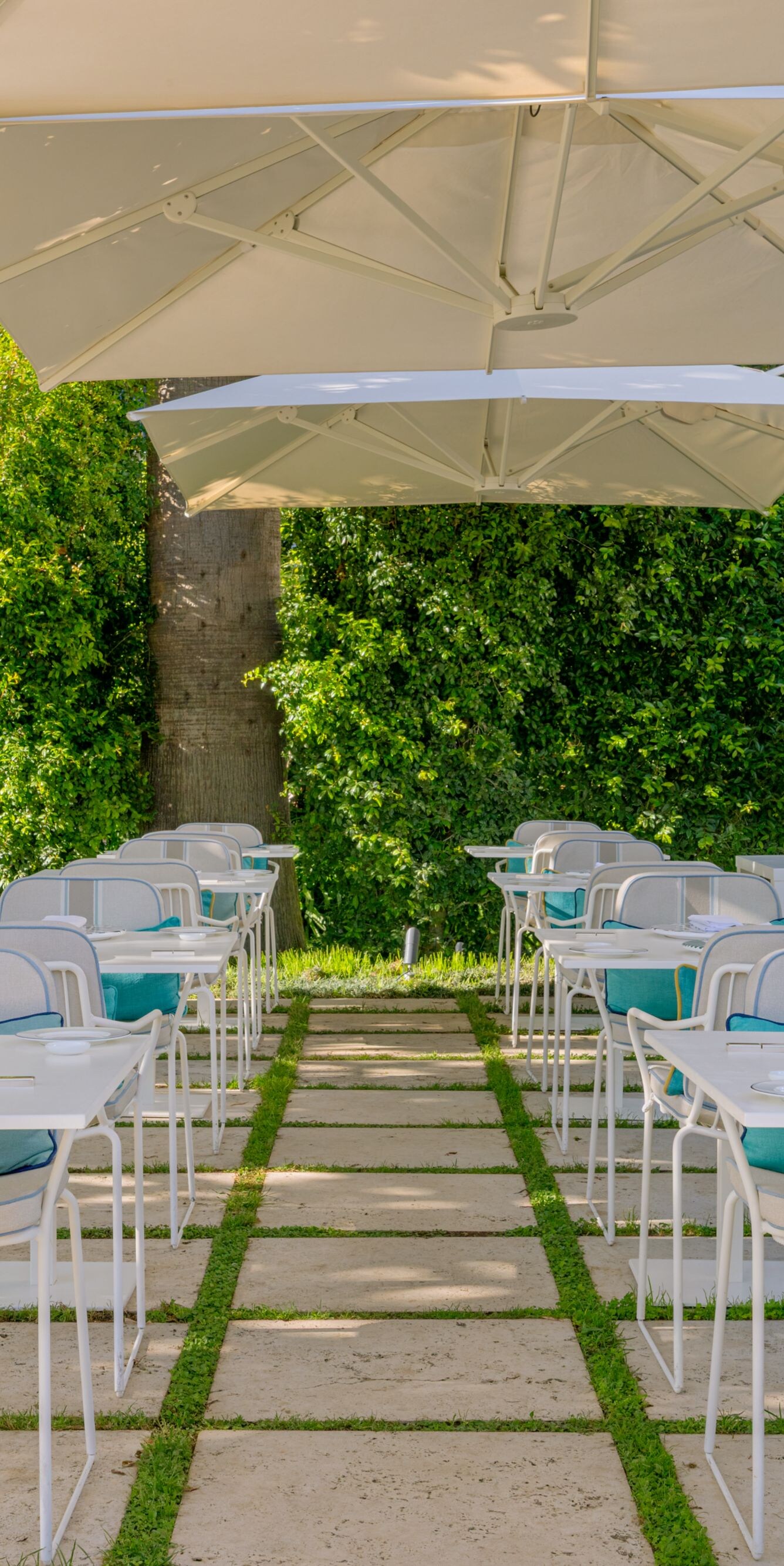 Outdoor restaurant patio with shaded tables 