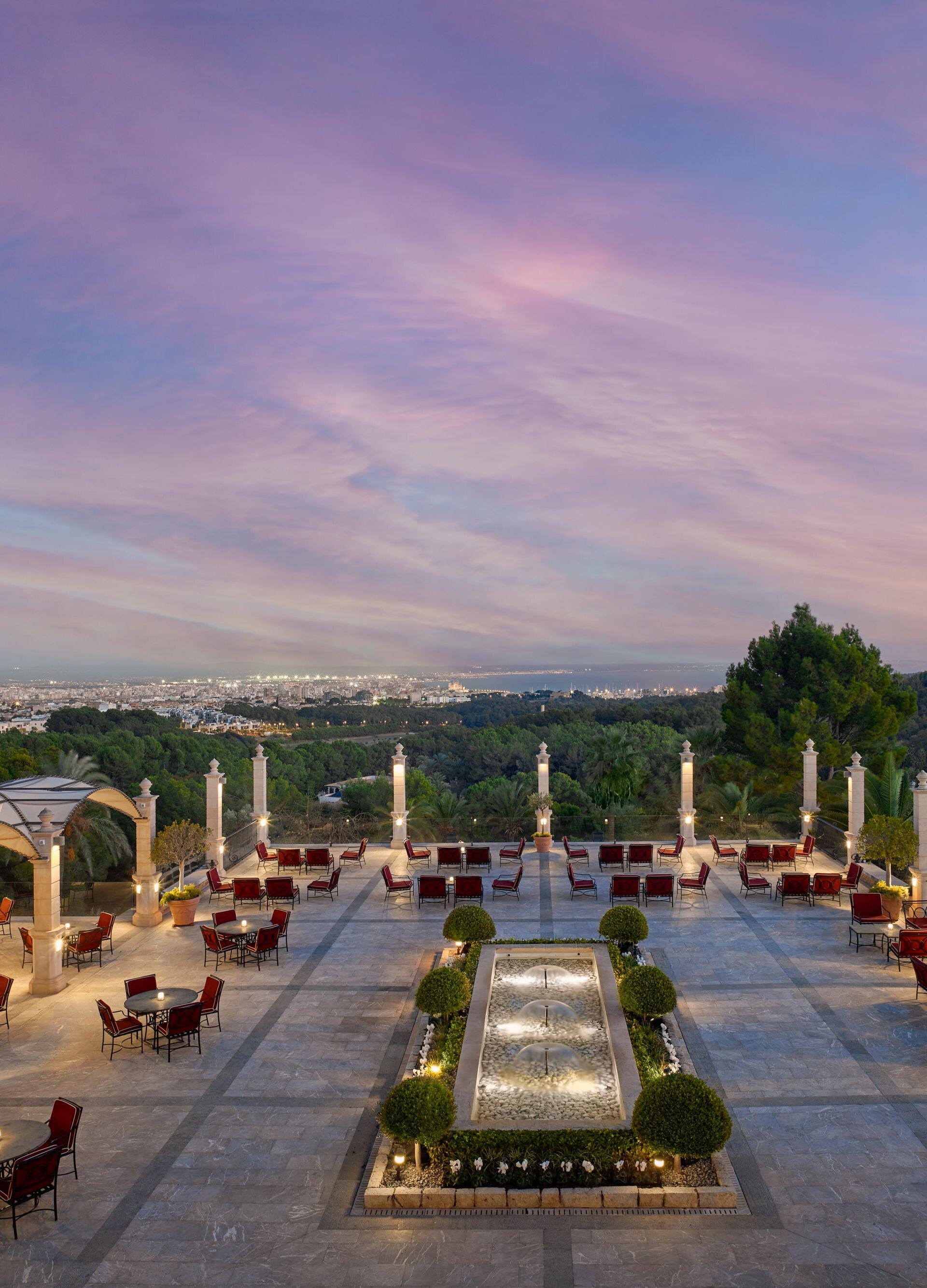 aerial view, main terrace at sunset