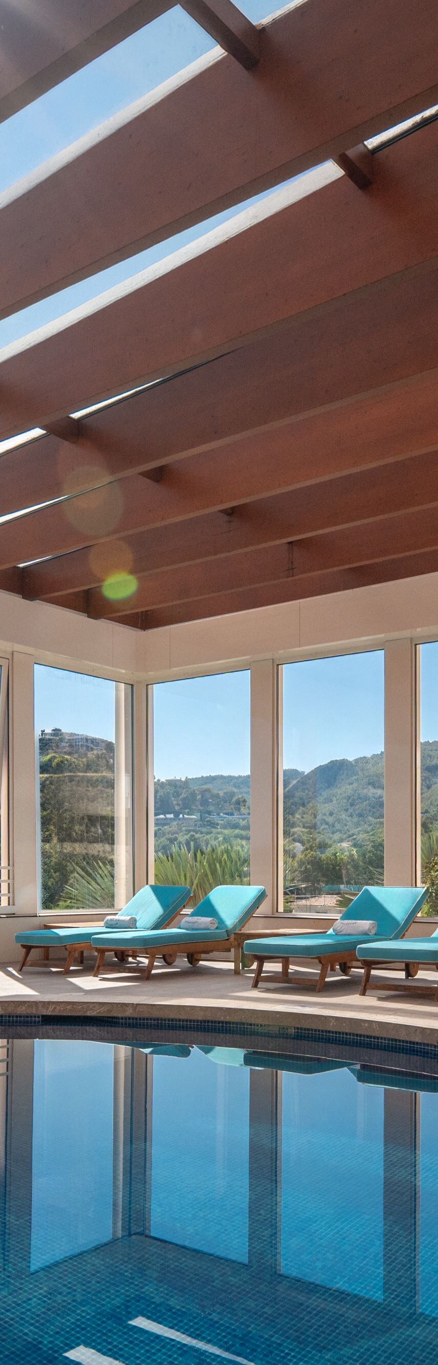 Indoor pool with panoramic views
