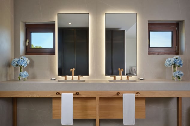The two sinks, vanity, two large mirrors