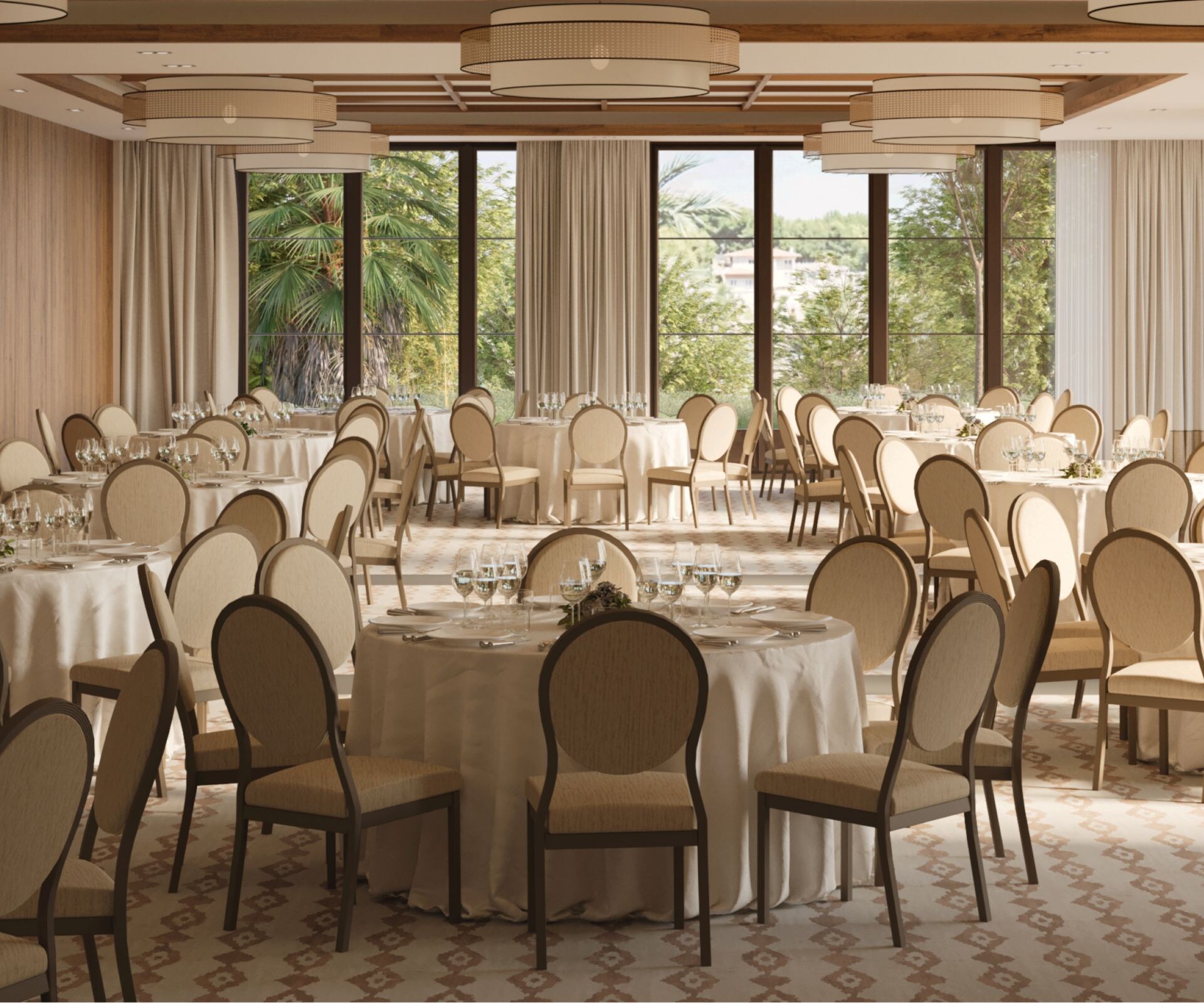 Ballroom set for banquet dinner