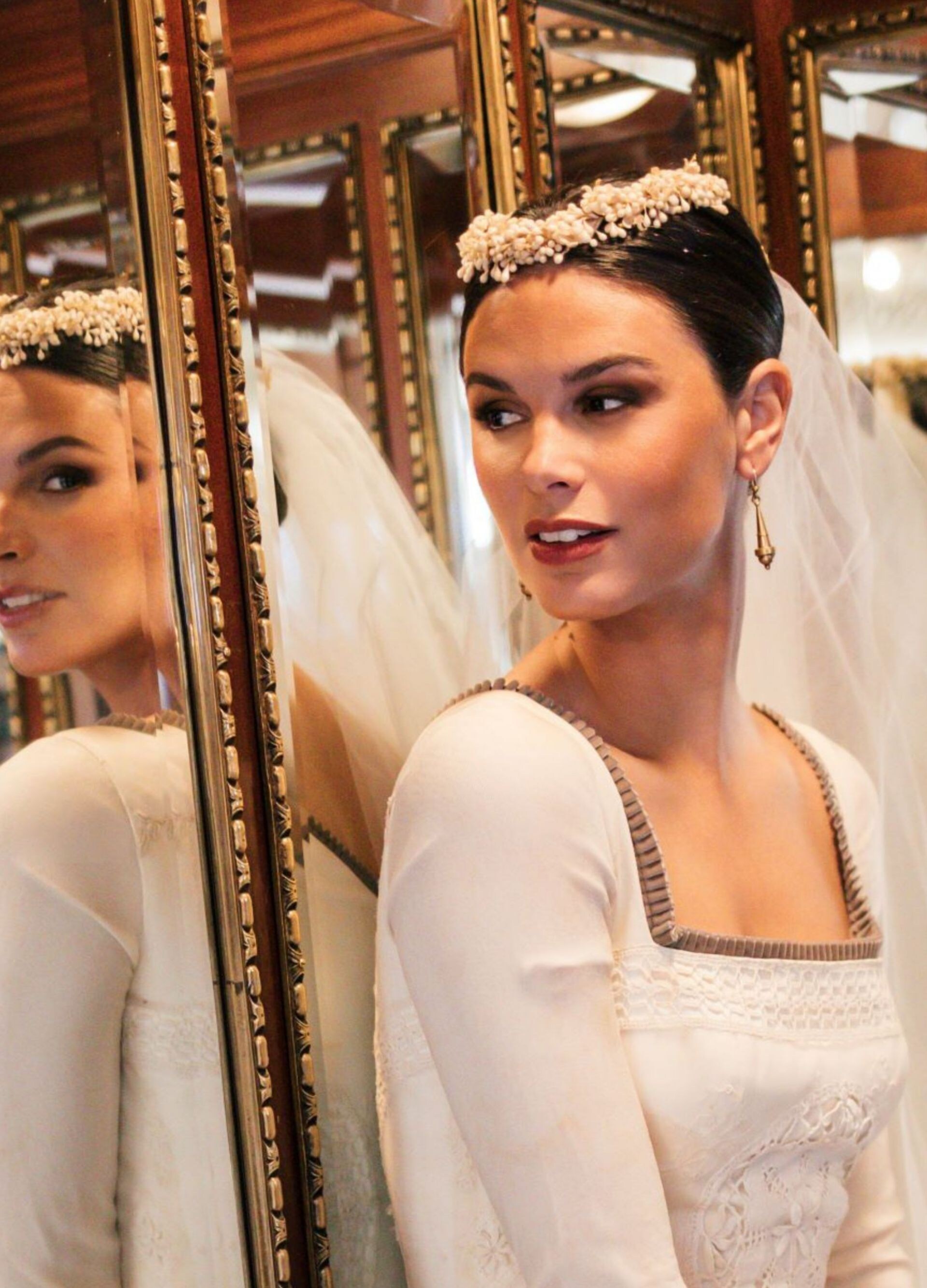 Bride inside classic elevator