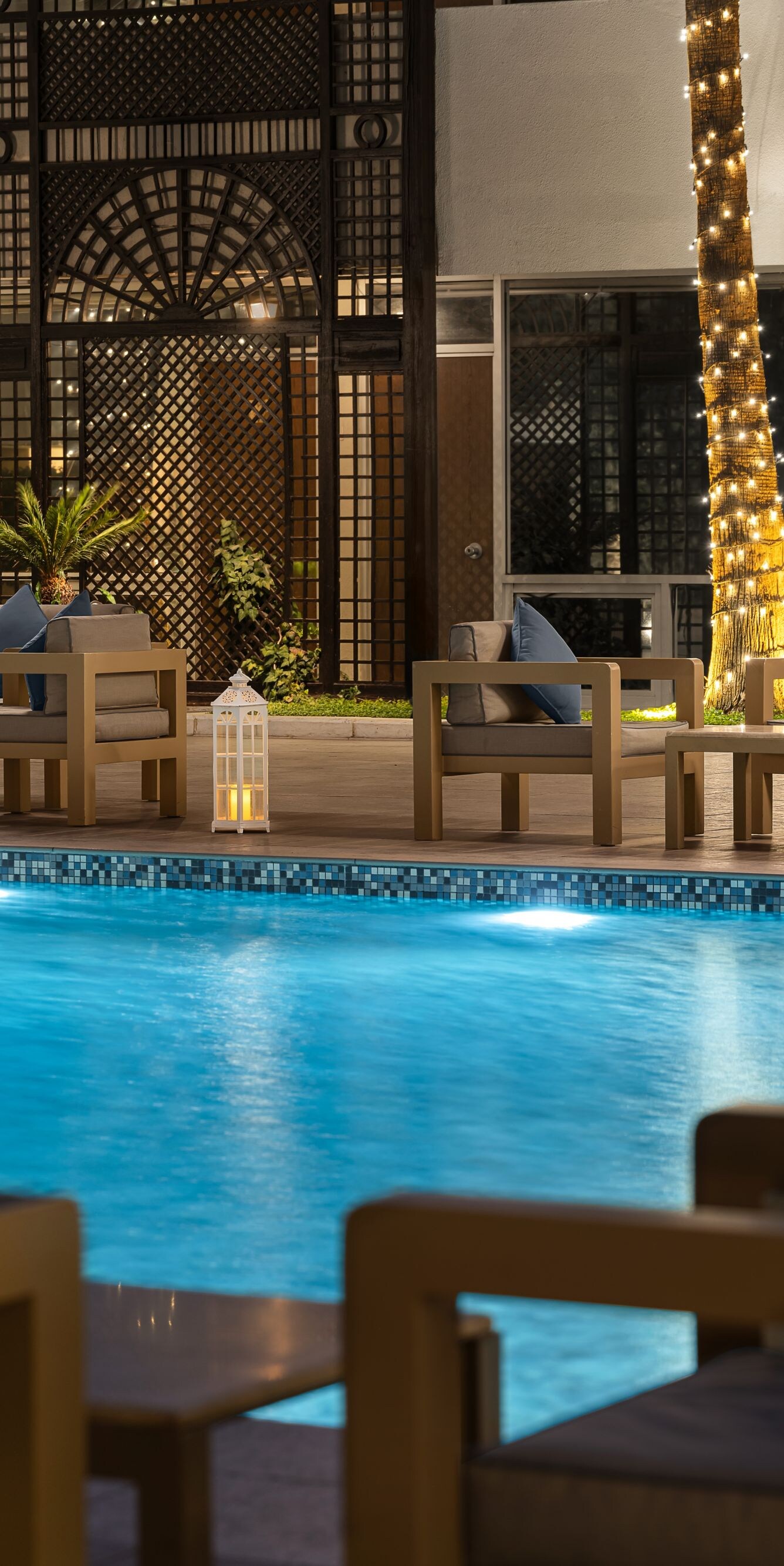 Outdoor pool area at night