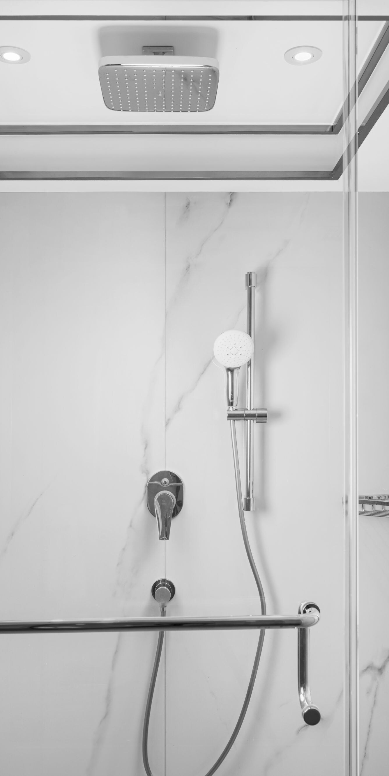 Luxurious bathroom shower, premium finishes.