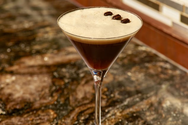 Espresso Martini in Martini glass, 3 coffee beans