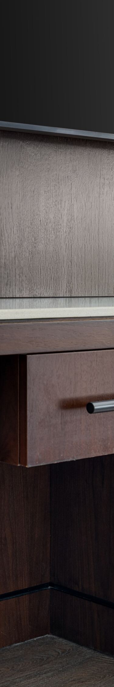 work desk, tv, coffee maker, storage