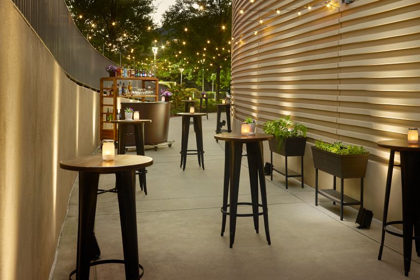 outdoor reception, bar, hanging lights