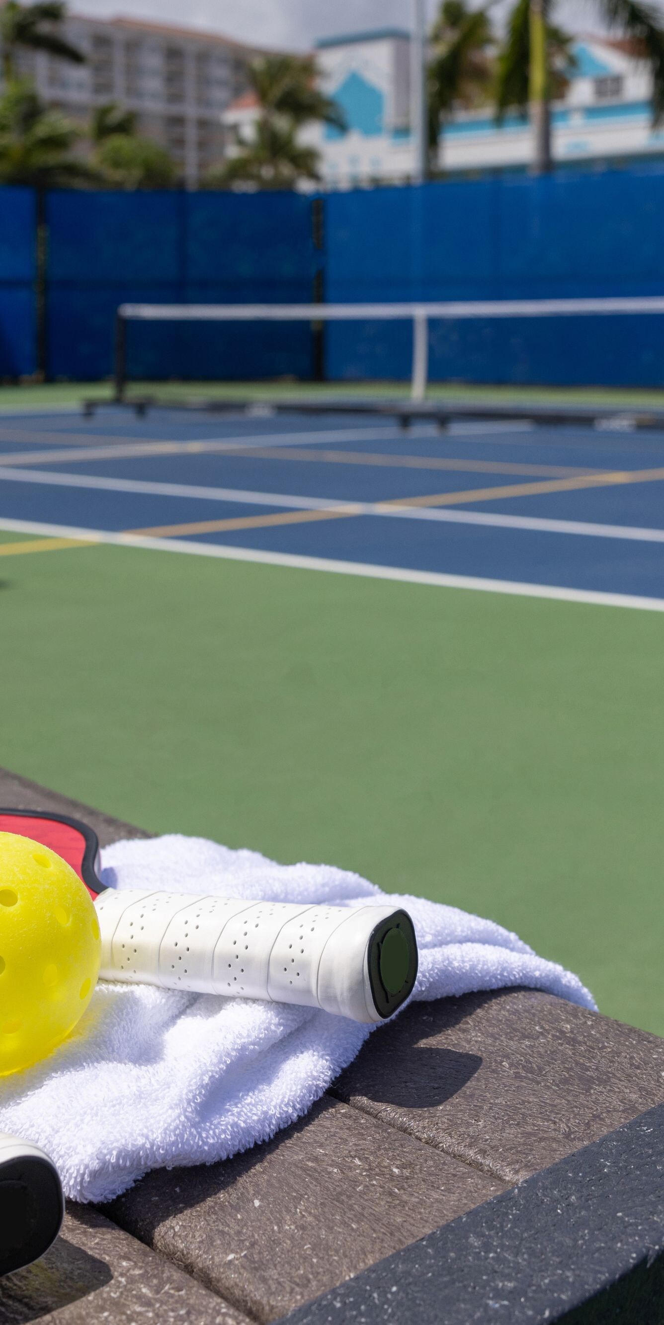 A yellow pickleball and colorful paddle rest on a 