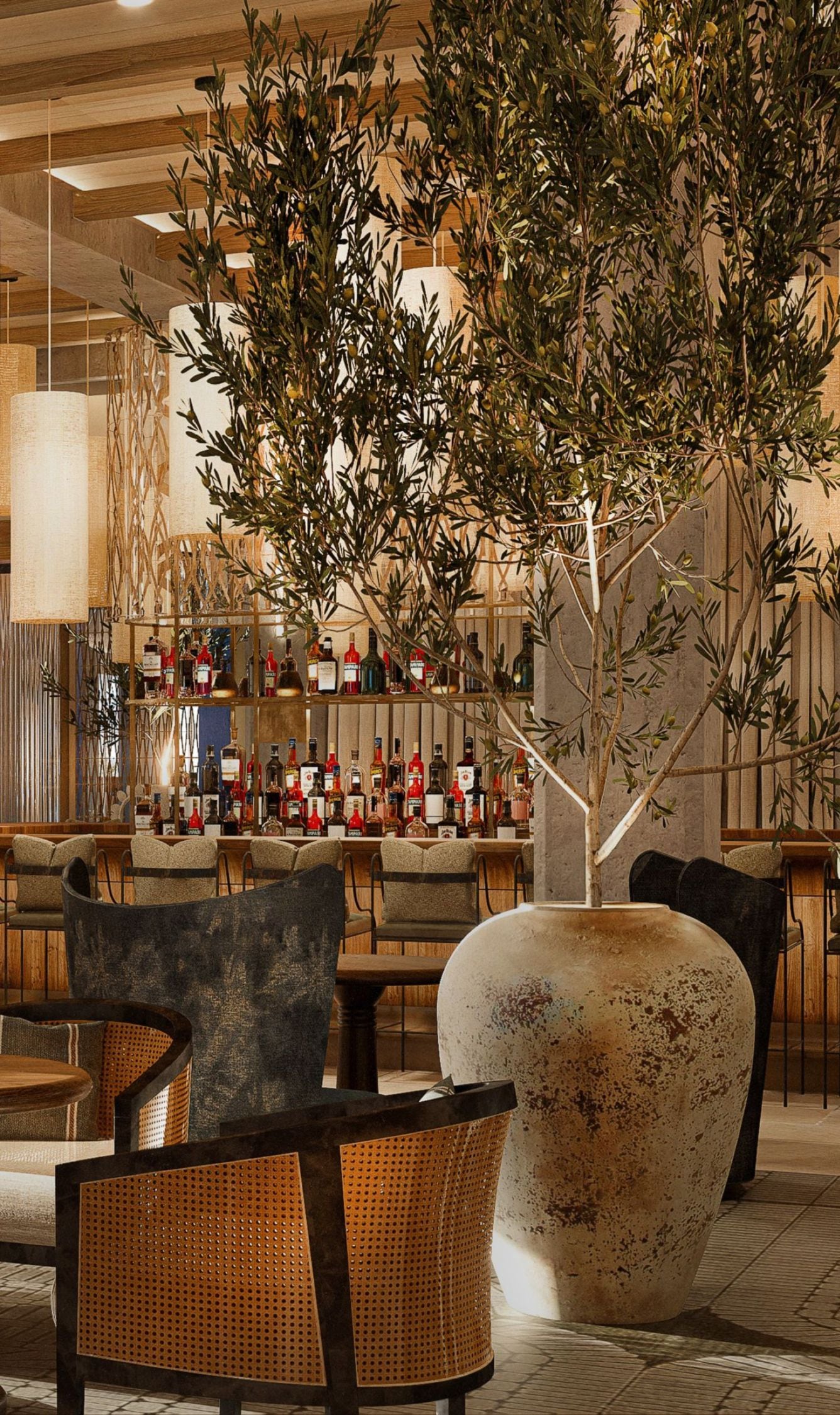Elegant hotel lobby with stylish bar