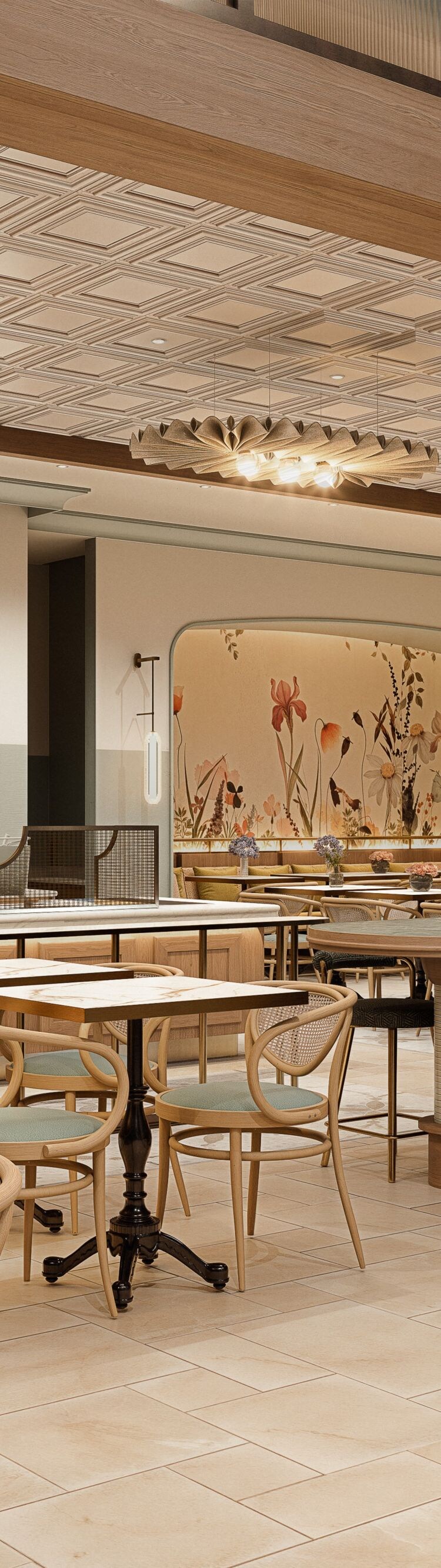 Open seating area of Un Deux Trois Café at Cedar P