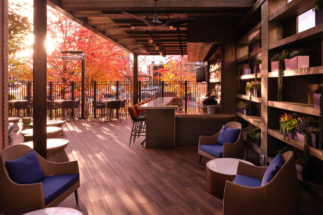 Outdoor patio seating, afternoon