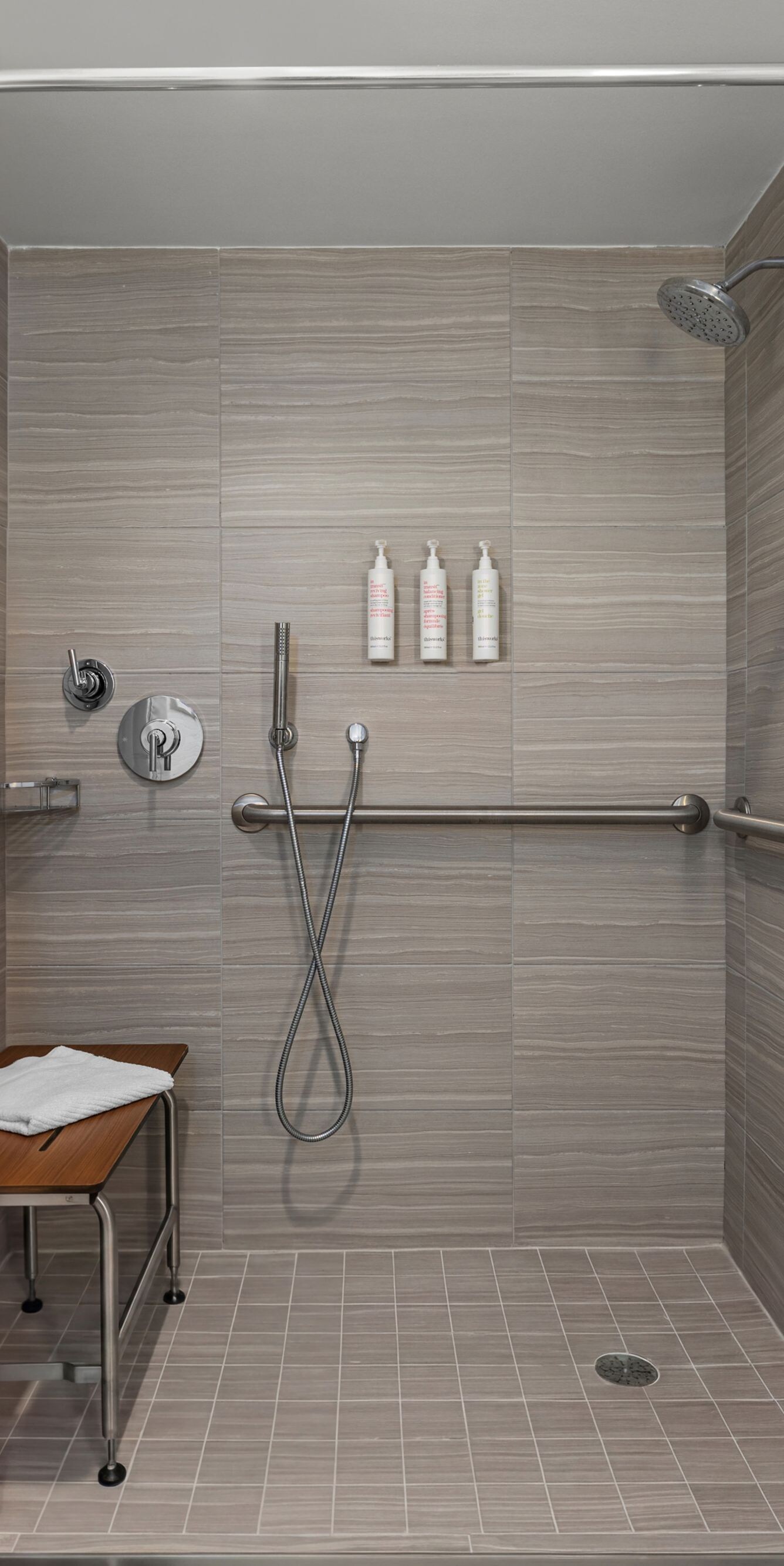 open shower with bench