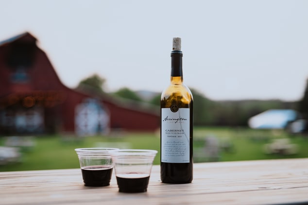 Wine bottle and two cups on picnic table