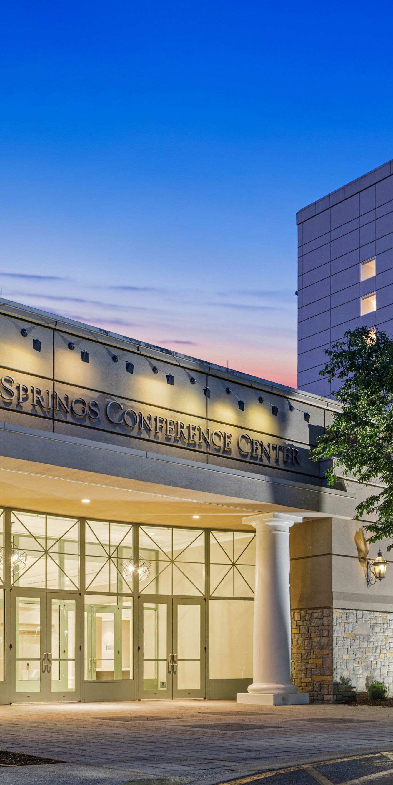 conference center entrance during dusk