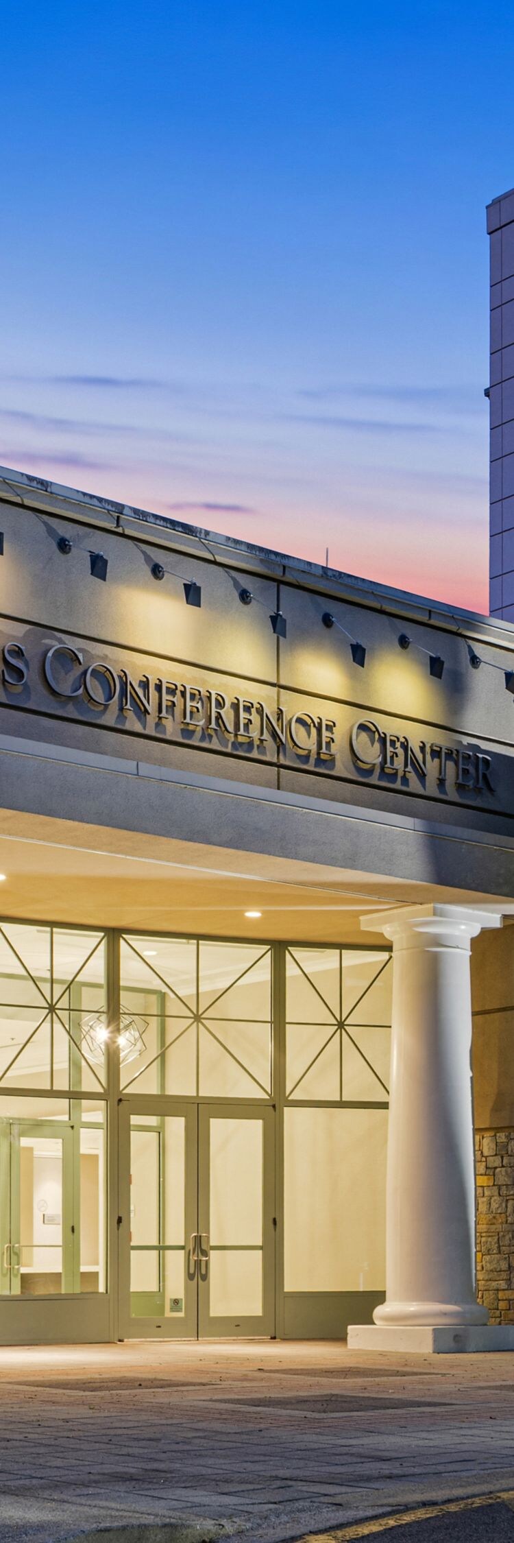 conference center entrance during dusk